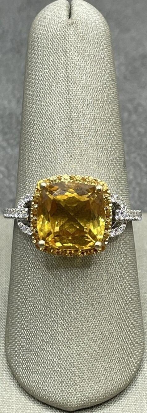 14K Gold Two-tone Cushion Cut Yellow Stone & Diamond Accent Ring (27463)